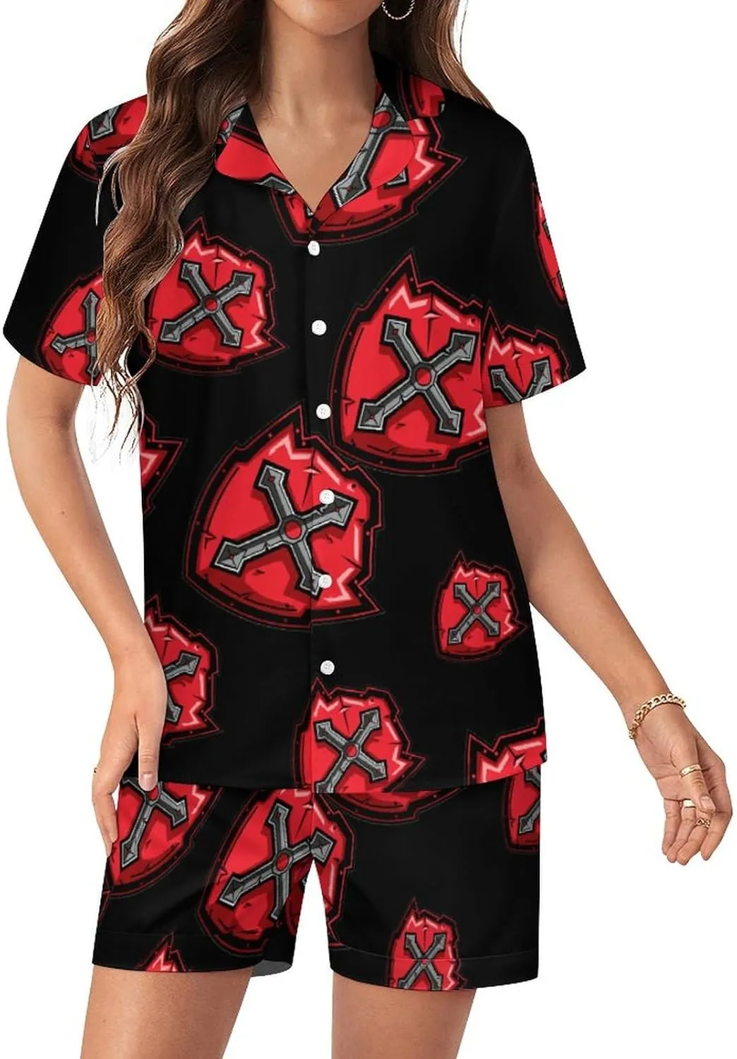 Knights Templar Crusader Cross Women's Satin Pajama Set Short Sleeve Button Down Sleepwear Loungewear Pj Set