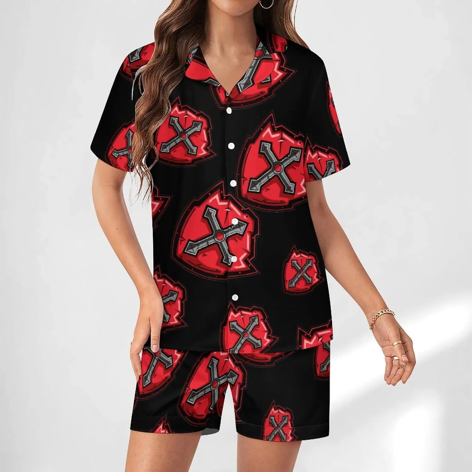 Knights Templar Crusader Cross Women's Satin Pajama Set Short Sleeve Button Down Sleepwear Loungewear Pj Set