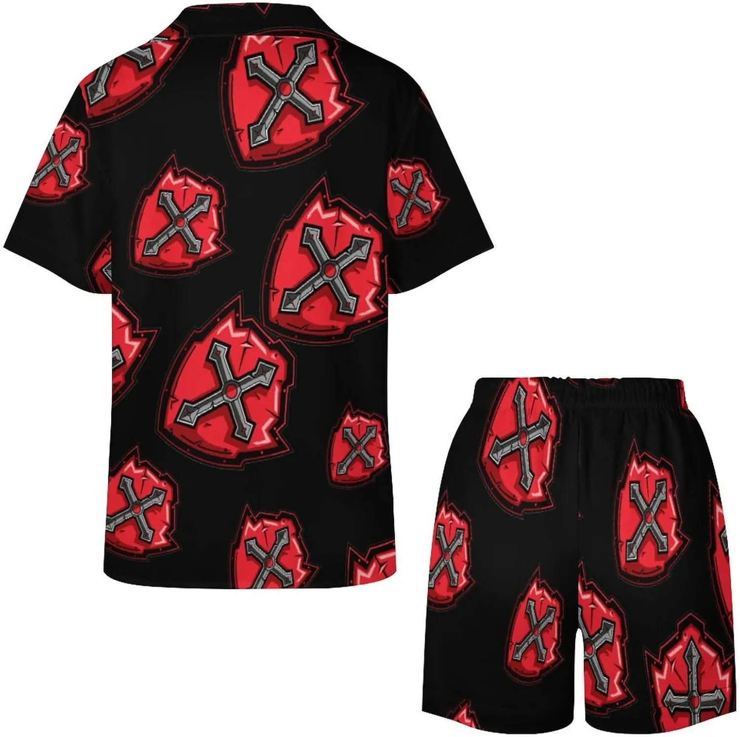Knights Templar Crusader Cross Women's Satin Pajama Set Short Sleeve Button Down Sleepwear Loungewear Pj Set
