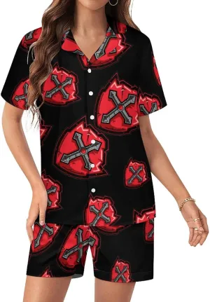 Knights Templar Crusader Cross Women's Satin Pajama Set Short Sleeve Button Down Sleepwear Loungewear Pj Set