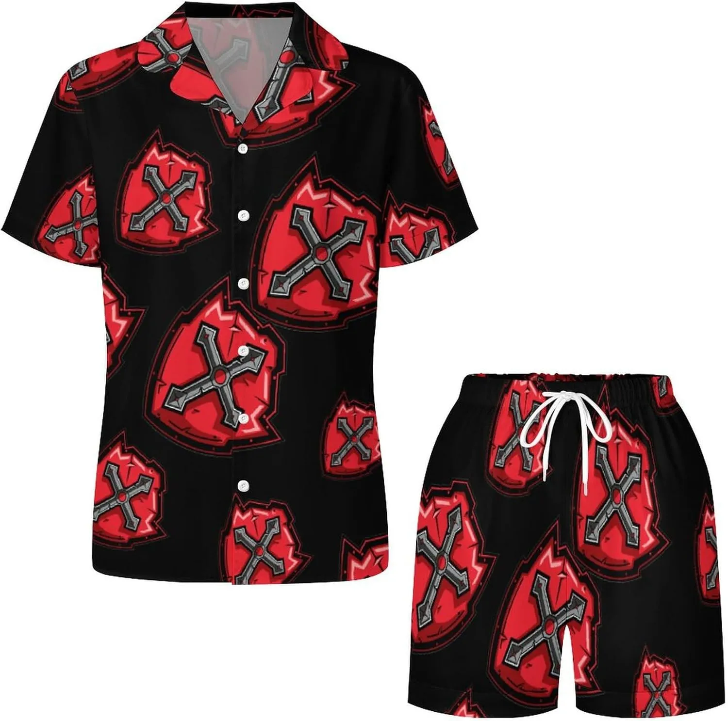 Knights Templar Crusader Cross Women's Satin Pajama Set Short Sleeve Button Down Sleepwear Loungewear Pj Set