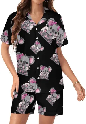Koala Mommy Women's Satin Pajama Set Short Sleeve Button Down Sleepwear Loungewear Pj Set