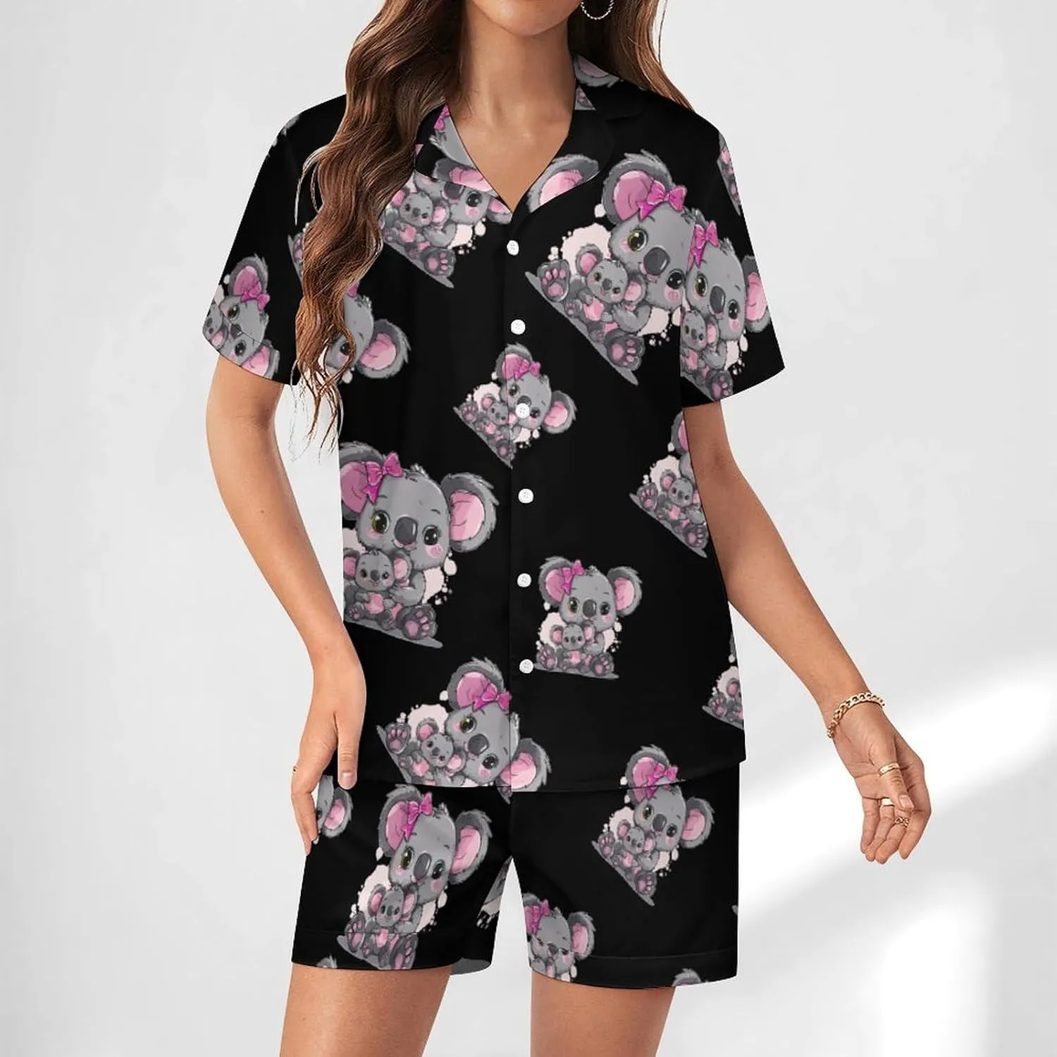 Koala Mommy Women's Satin Pajama Set Short Sleeve Button Down Sleepwear Loungewear Pj Set