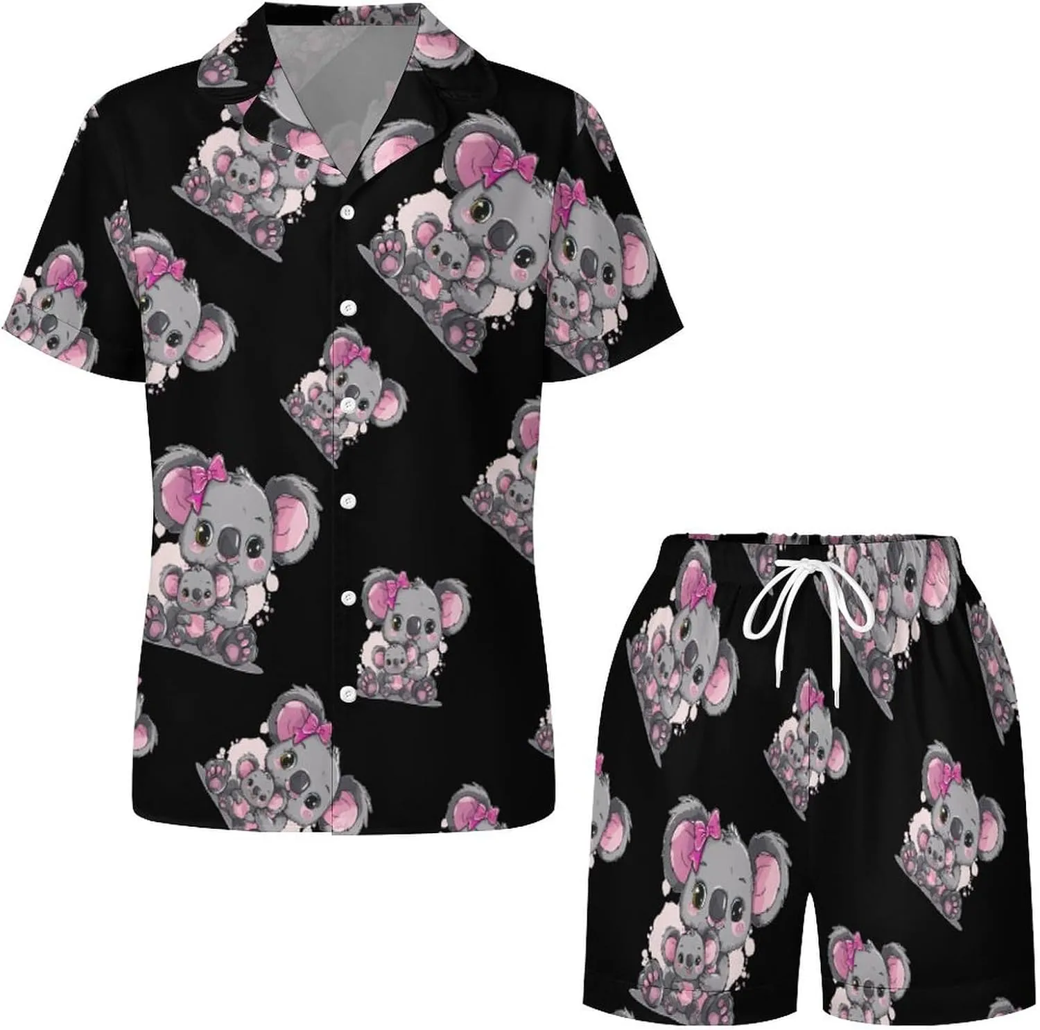 Koala Mommy Women's Satin Pajama Set Short Sleeve Button Down Sleepwear Loungewear Pj Set