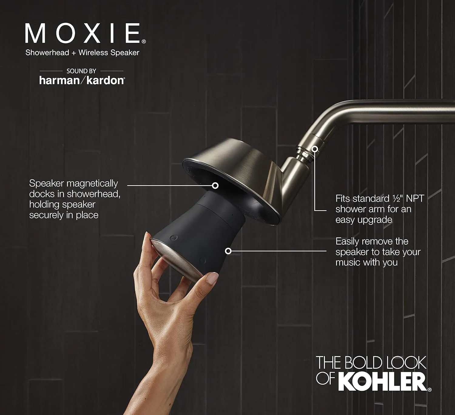 Kohler Moxie Showerhead and Waterproof Bluetooth Wireless Speaker, 2.5 gpm - Matte Black