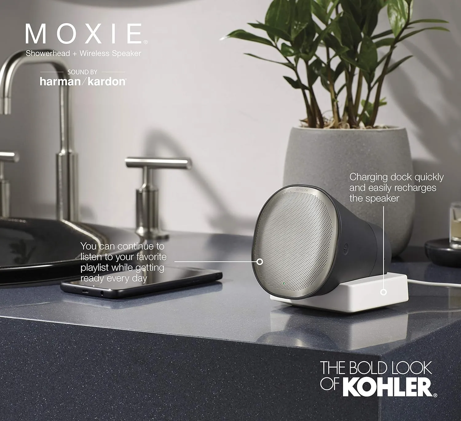 Kohler Moxie Showerhead and Waterproof Bluetooth Wireless Speaker, 2.5 gpm - Matte Black