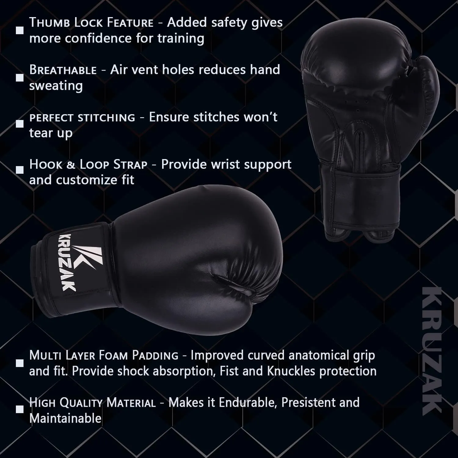 Kruzak Plain Boxing Gloves for Sparring, Kickboxing, Muay Thai, Martial Arts & MMA Fighting - Men & Women Punch Bag Mitts Training and Focus Pads Punching
