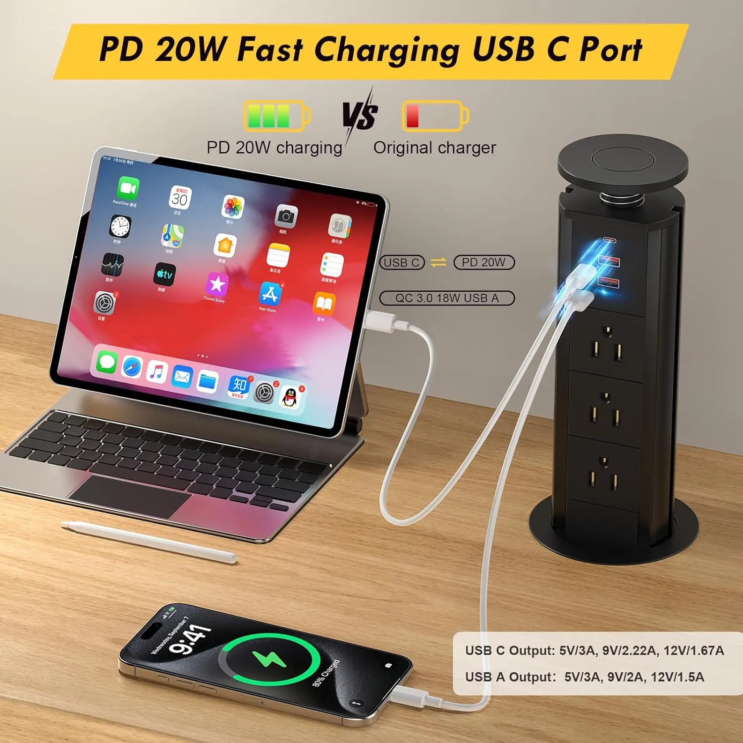 Kungfuking Pop Up Outlet for Countertop, Socket with 3 AC Outlets & 2 USB-A 1 PD 20W USB-C Ports, Pull Power Kitchen Conference Office, 3-3/8 Inch(85MM) Hole Grommet Strip, Dark Black