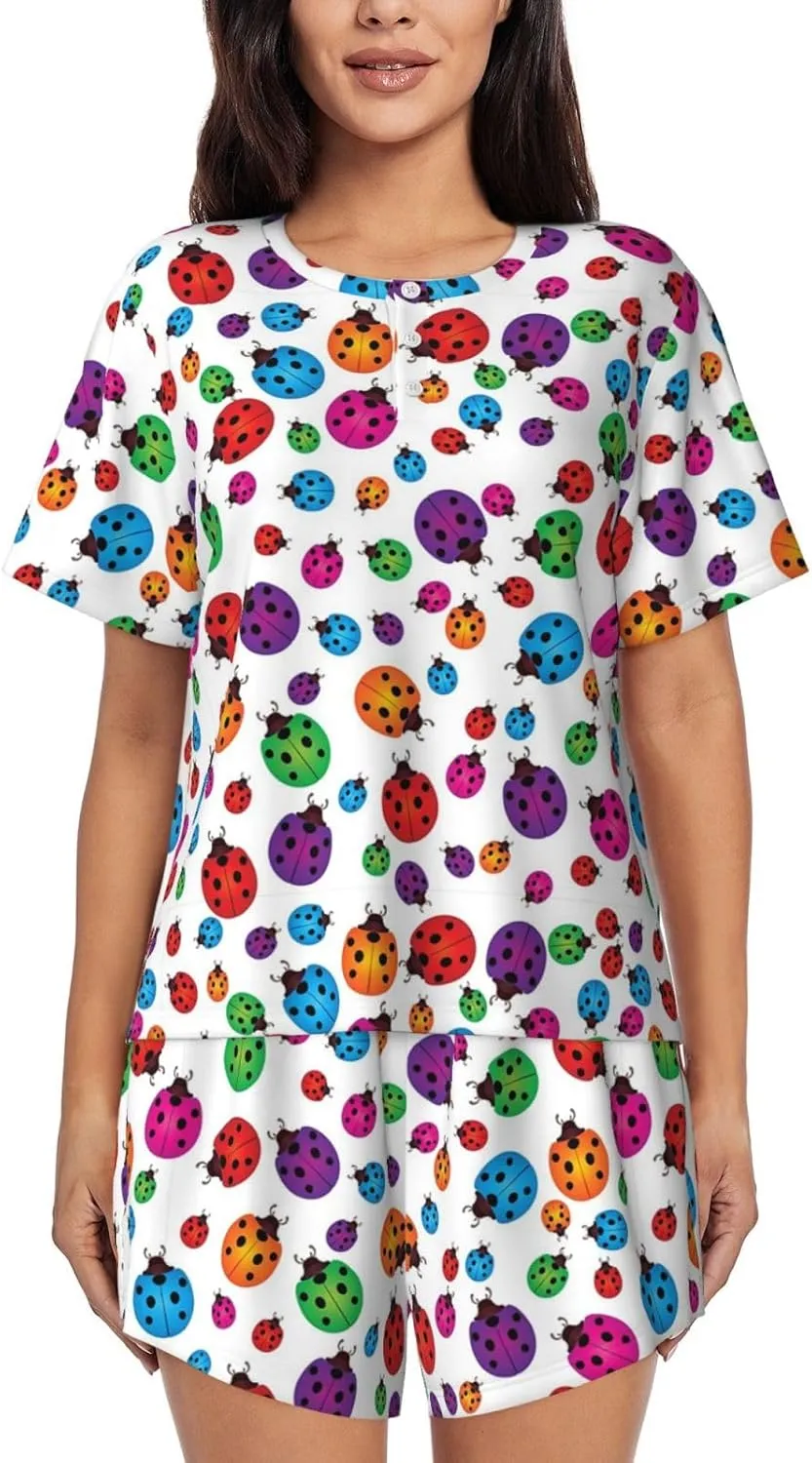Ladybug Pajamas Set Short Sleeve Pajama Women Button Down Round Neck Short Sleeves Pj Set Soft Loungewear Shirt