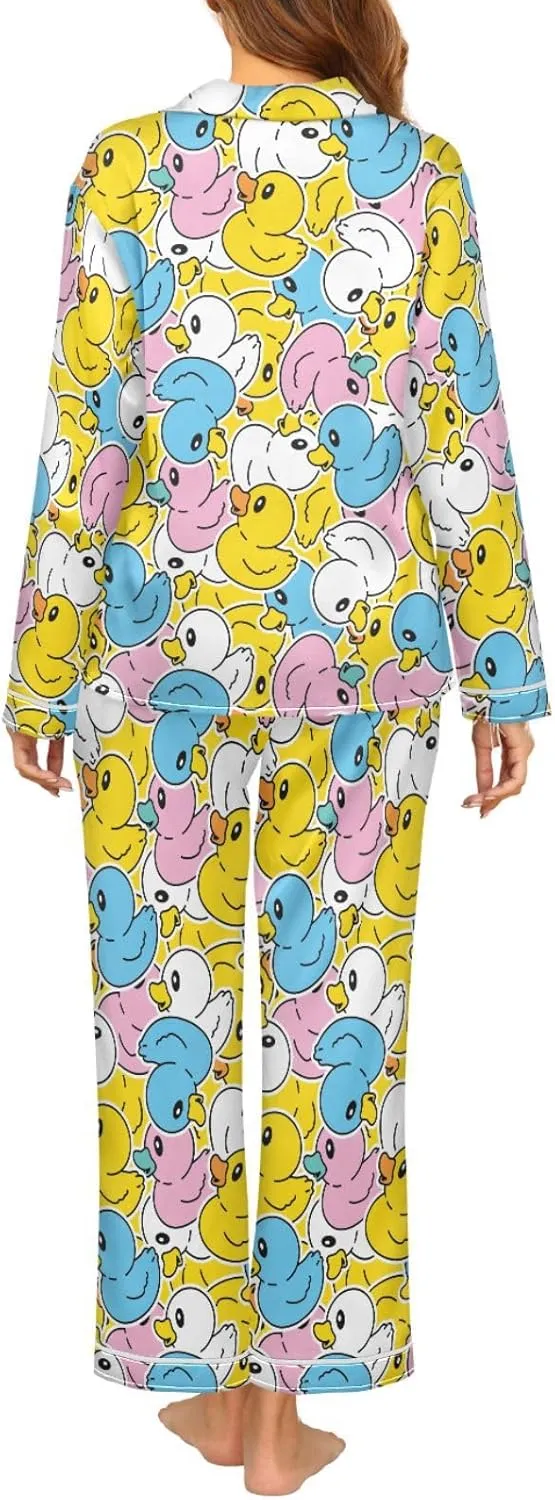 Laprad Women's Silk Satin Pajamas Set Loungewear Two-Piece Sleepwear Button-Down Rubber Duck Pj Set