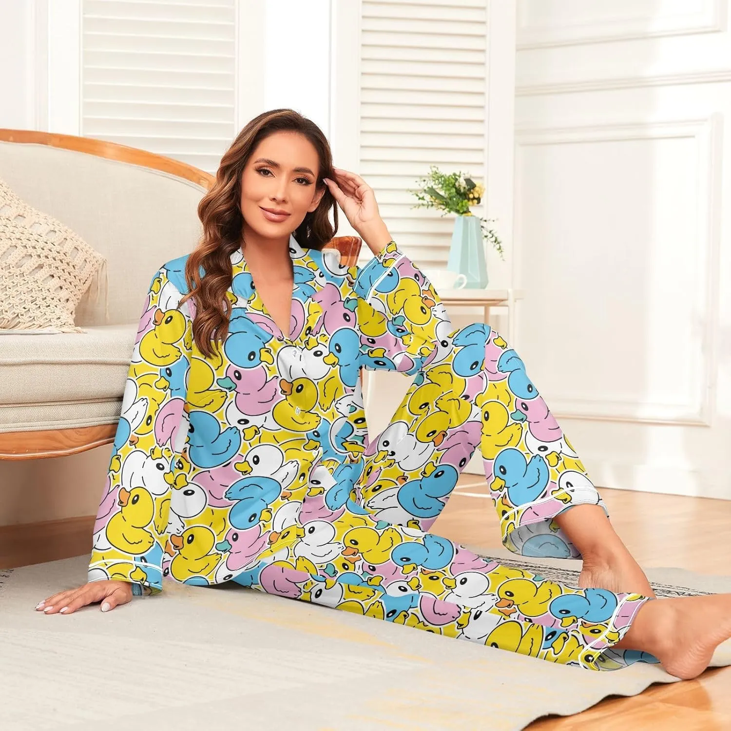 Laprad Women's Silk Satin Pajamas Set Loungewear Two-Piece Sleepwear Button-Down Rubber Duck Pj Set