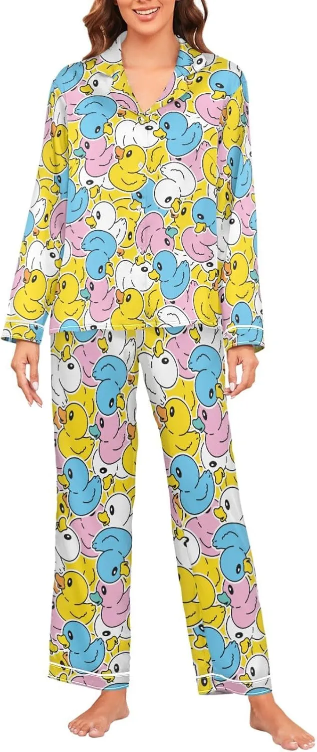 Laprad Women's Silk Satin Pajamas Set Loungewear Two-Piece Sleepwear Button-Down Rubber Duck Pj Set