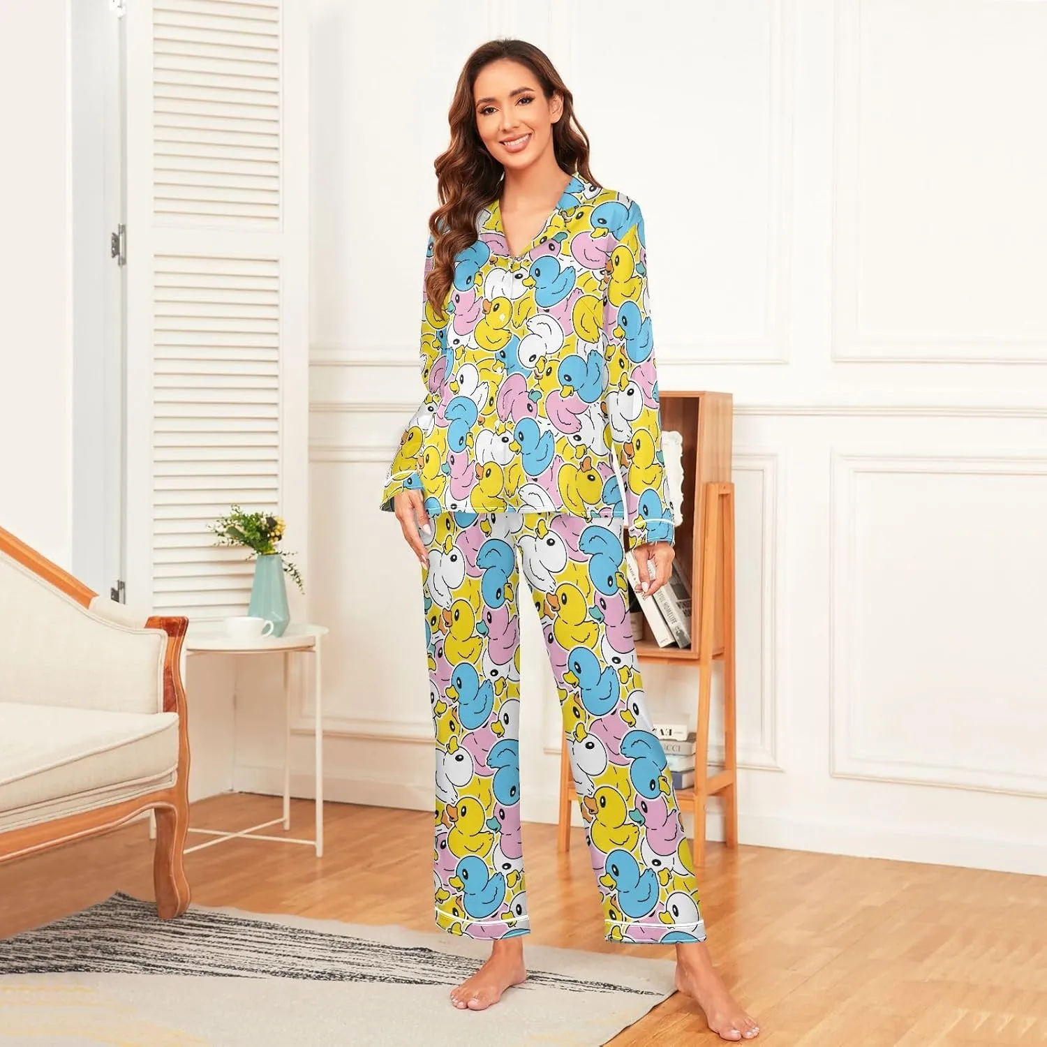 Laprad Women's Silk Satin Pajamas Set Loungewear Two-Piece Sleepwear Button-Down Rubber Duck Pj Set