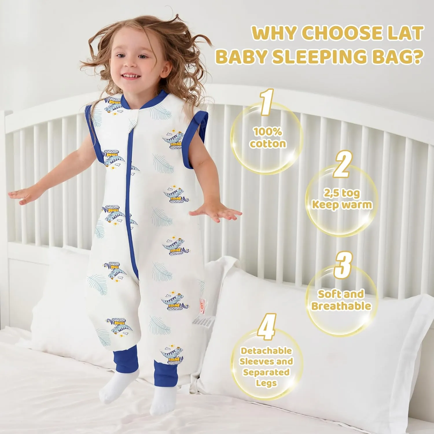 LAT Baby Sleep Bag with Feet Winter,3-way zipper Wearable Blanket,Warm Sack for Toddler Thicken 2.5 TOG-Removable Sleeves