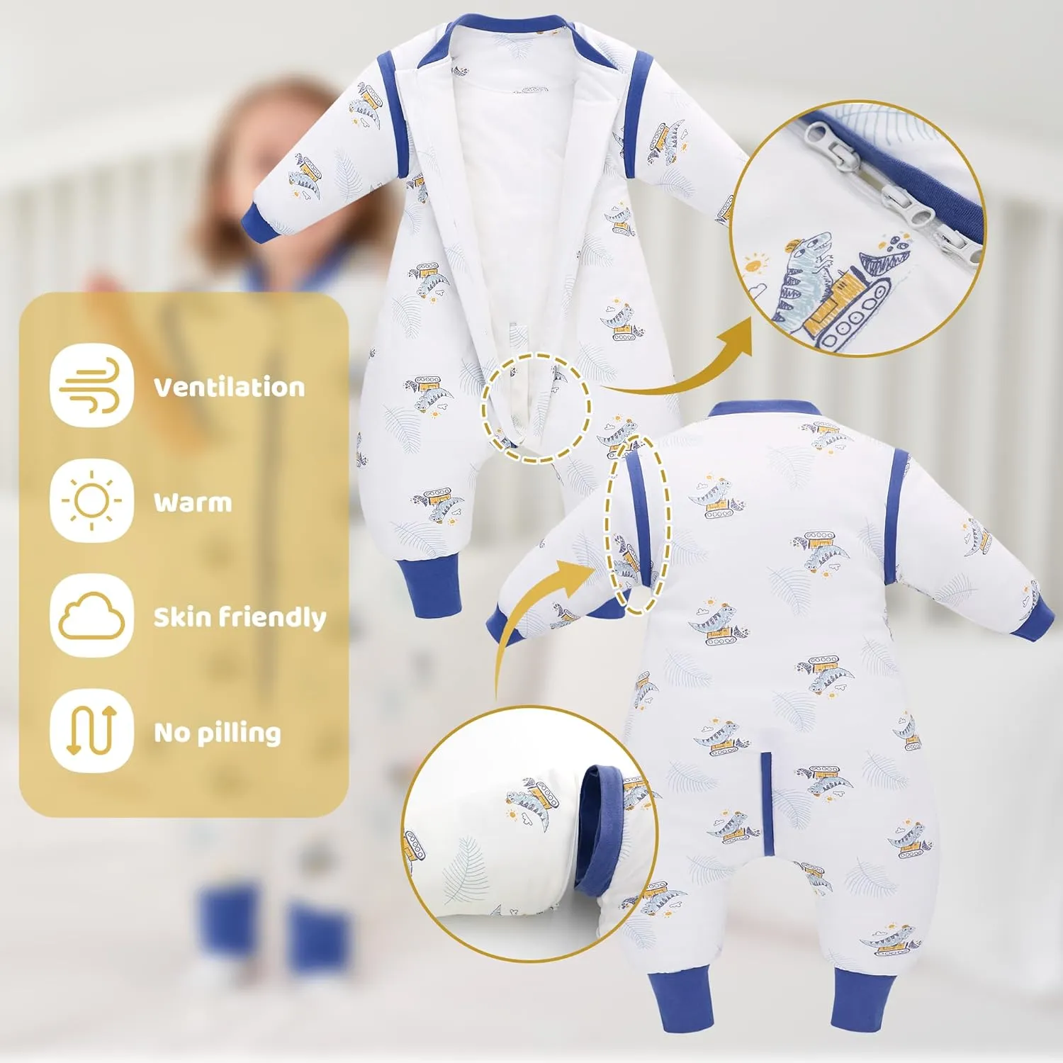 LAT Baby Sleep Bag with Feet Winter,3-way zipper Wearable Blanket,Warm Sack for Toddler Thicken 2.5 TOG-Removable Sleeves