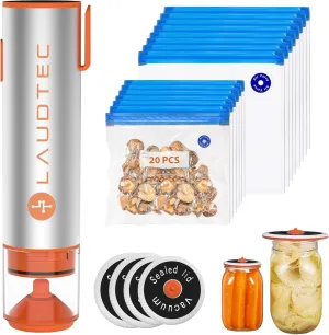 LAUDTEC 2-in-1 Handheld Vacuum Sealer for Food Storage Bags and Mason Jars (Vacuum Sealer   20 Reusable Storage Bags   4 Reusable Wide Mouth Jar Lids)