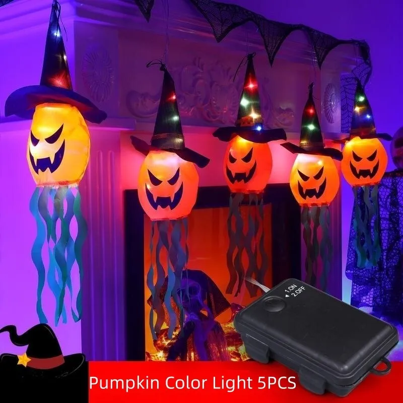 LED Halloween Decoration Flashing Light Gypsophila Ghost Festival Dress Up Glowing Wizard Ghost Hat Lamp Decor Hanging Lantern