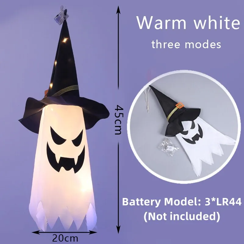 LED Halloween Decoration Flashing Light Gypsophila Ghost Festival Dress Up Glowing Wizard Ghost Hat Lamp Decor Hanging Lantern