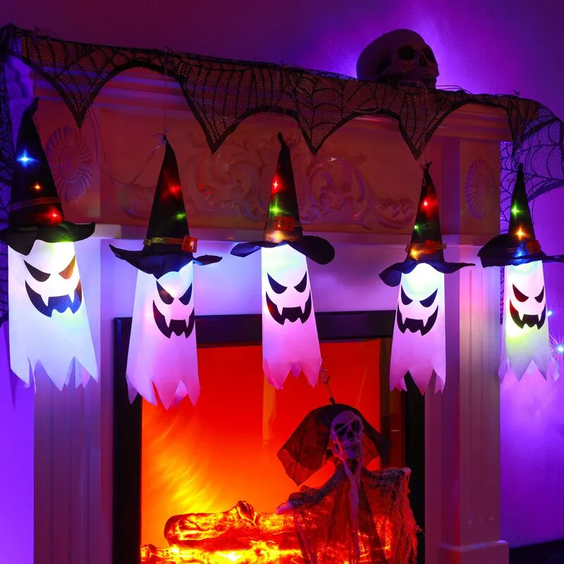 LED Halloween Decoration Flashing Light Gypsophila Ghost Festival Dress Up Glowing Wizard Ghost Hat Lamp Decor Hanging Lantern
