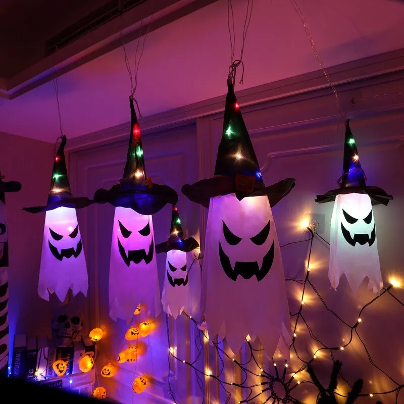 LED Halloween Decoration Flashing Light Gypsophila Ghost Festival Dress Up Glowing Wizard Ghost Hat Lamp Decor Hanging Lantern