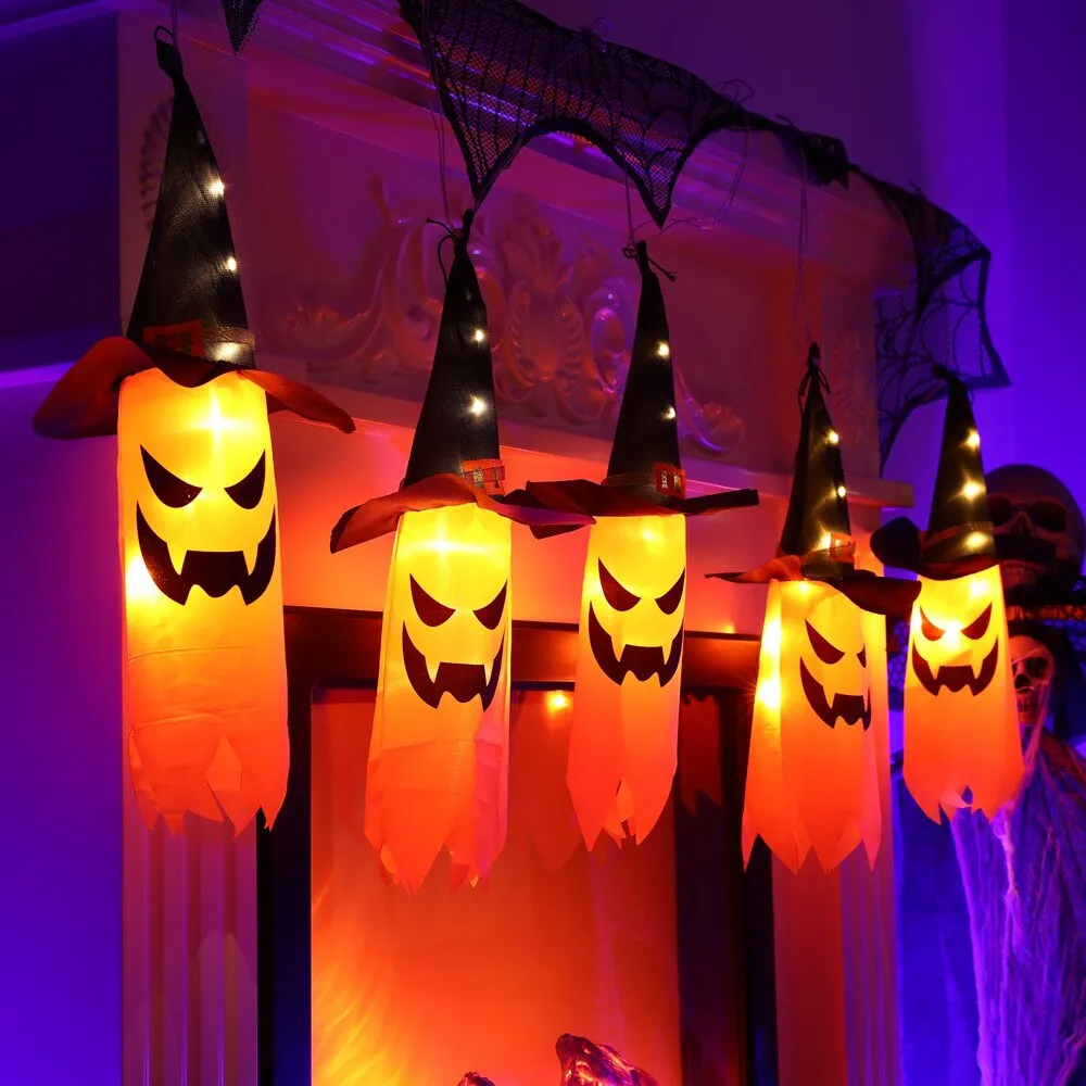 LED Halloween Decoration Flashing Light Gypsophila Ghost Festival Dress Up Glowing Wizard Ghost Hat Lamp Decor Hanging Lantern