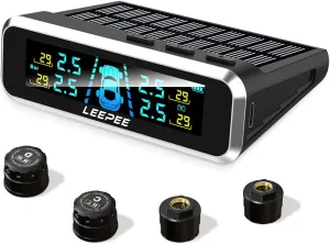 leepee S13 Car Tire Pressure Monitoring System, USB/Solar TPMS 0-87PSI for RV, Auto Security Alarm Systems Digital LCD Display, Trailer TPMS with 4 Sensors & 5 Alarm Modes