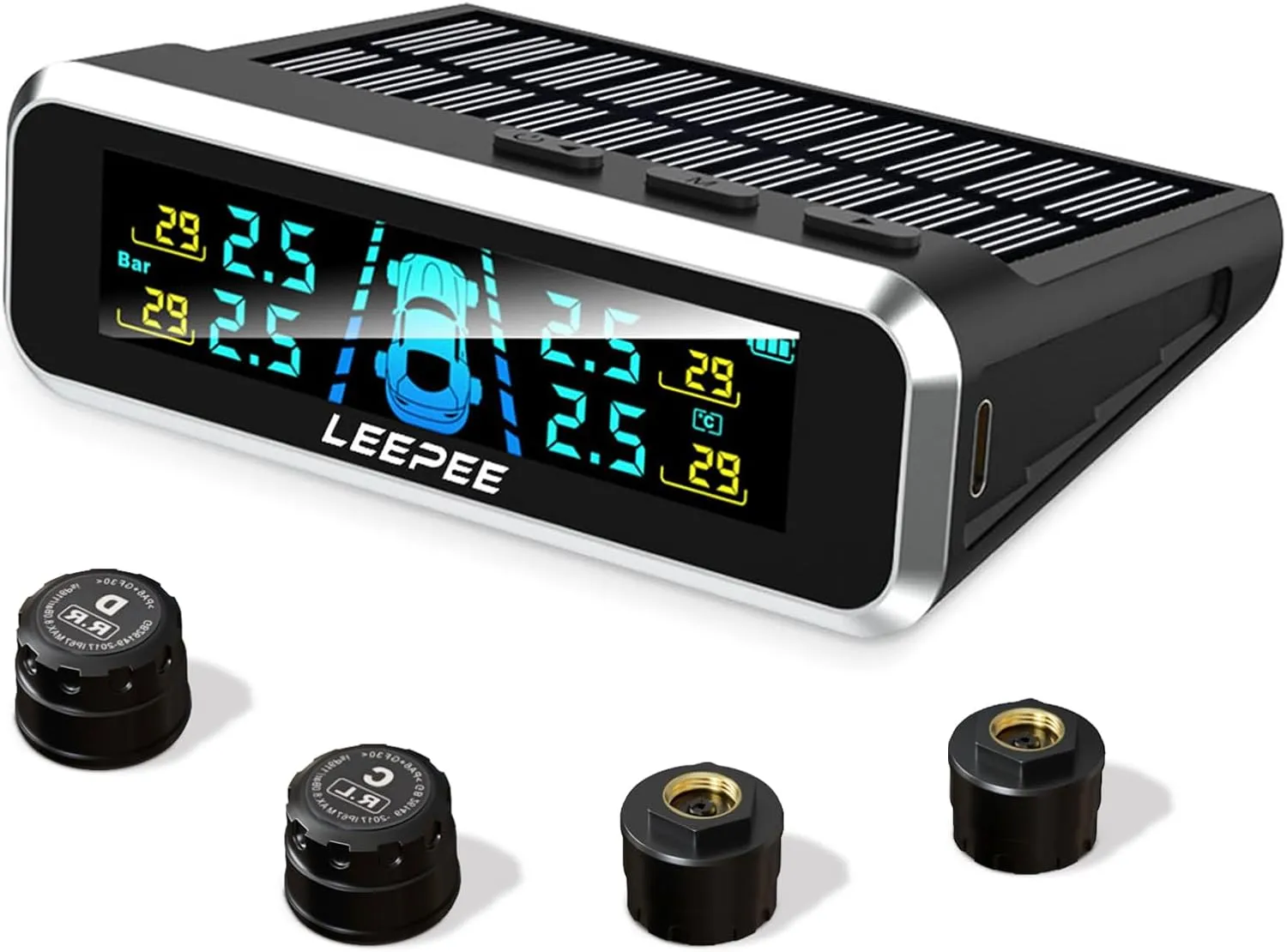 leepee S13 Car Tire Pressure Monitoring System, USB/Solar TPMS 0-87PSI for RV, Auto Security Alarm Systems Digital LCD Display, Trailer TPMS with 4 Sensors & 5 Alarm Modes