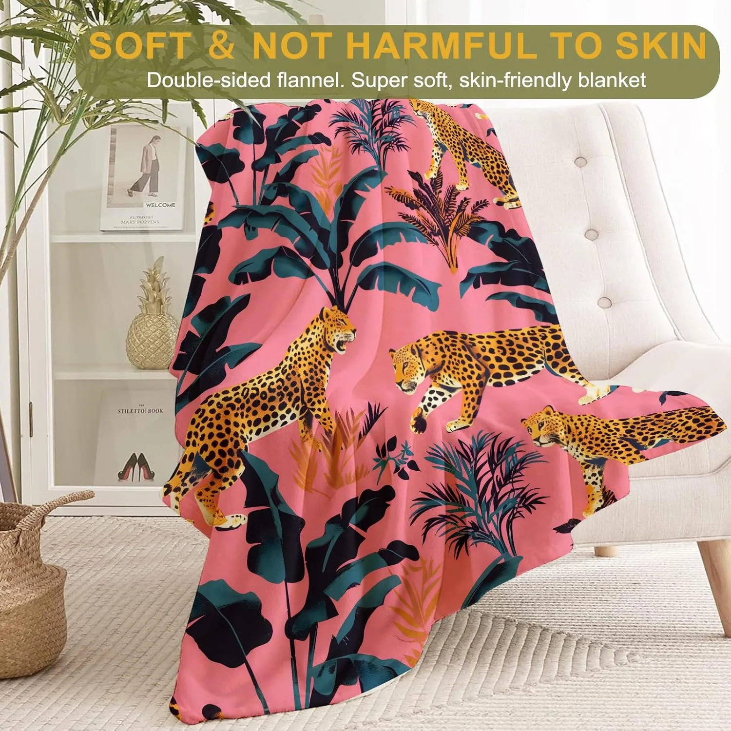 Leopard and Tropical Leaves Flannel Blanket - Lightweight Soft Cozy Unique Gifts Blankets for Jungle Lovers,Kids,Adult,Women,Vibrant Pink Art Throw,Home Room Modern Decor 50x60in