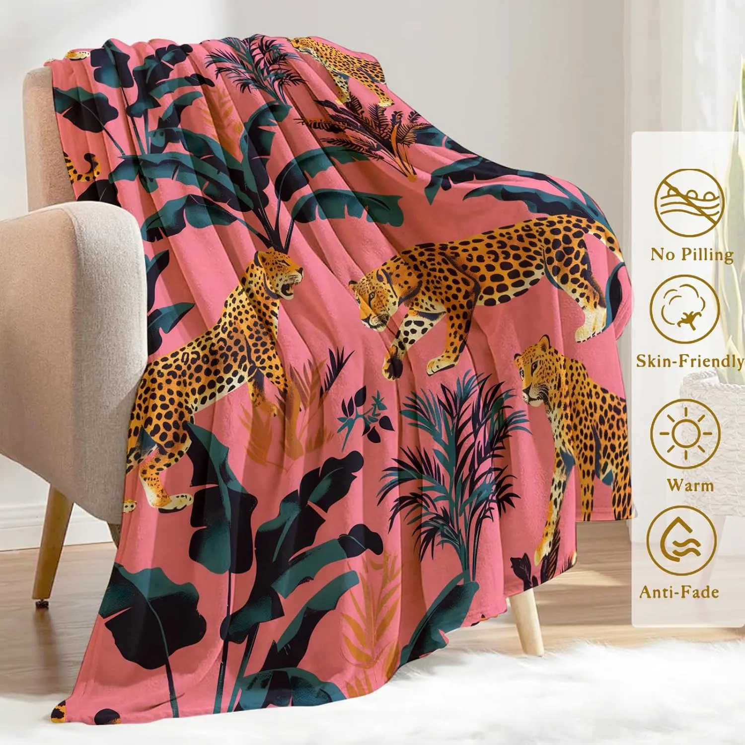 Leopard and Tropical Leaves Flannel Blanket - Lightweight Soft Cozy Unique Gifts Blankets for Jungle Lovers,Kids,Adult,Women,Vibrant Pink Art Throw,Home Room Modern Decor 50x60in