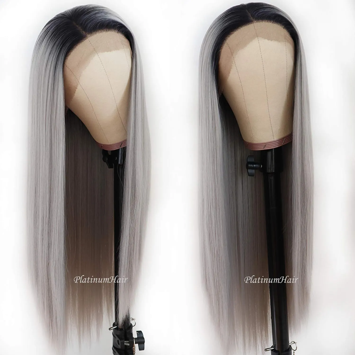Lezaxiu Gray Lace Front Wig Long Straight Hair Wigs Ombre Grey Wig Heat Resistant Fiber Hair Synthetic Lace Front Wigs for Fashion Women 24 Inch