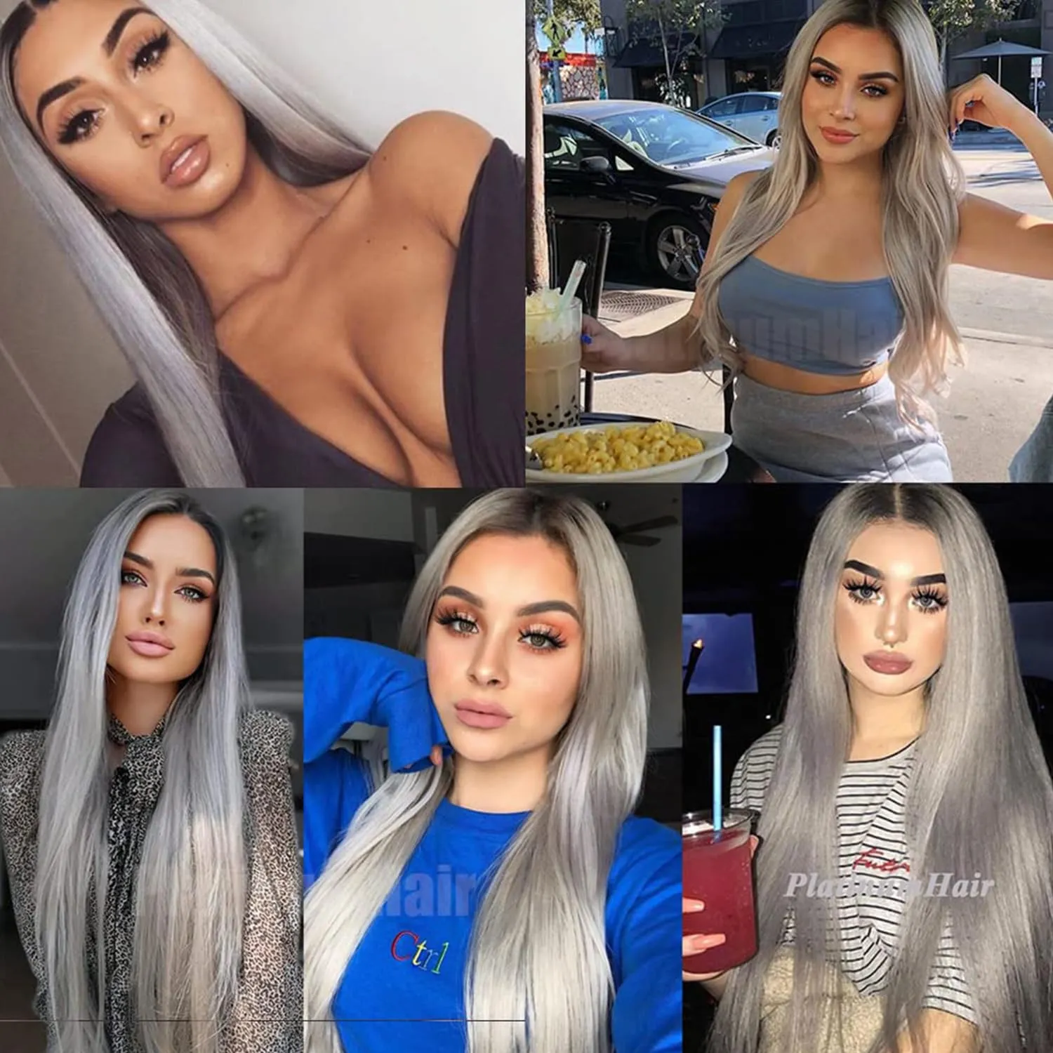 Lezaxiu Gray Lace Front Wig Long Straight Hair Wigs Ombre Grey Wig Heat Resistant Fiber Hair Synthetic Lace Front Wigs for Fashion Women 24 Inch