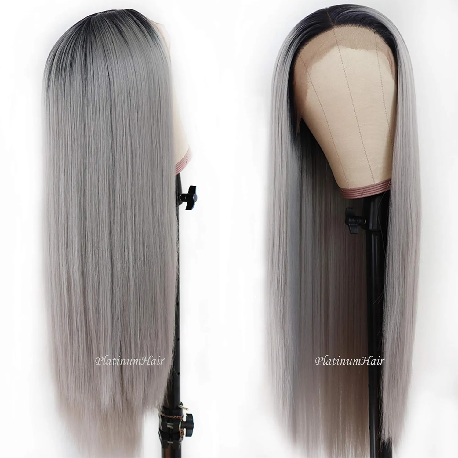 Lezaxiu Gray Lace Front Wig Long Straight Hair Wigs Ombre Grey Wig Heat Resistant Fiber Hair Synthetic Lace Front Wigs for Fashion Women 24 Inch