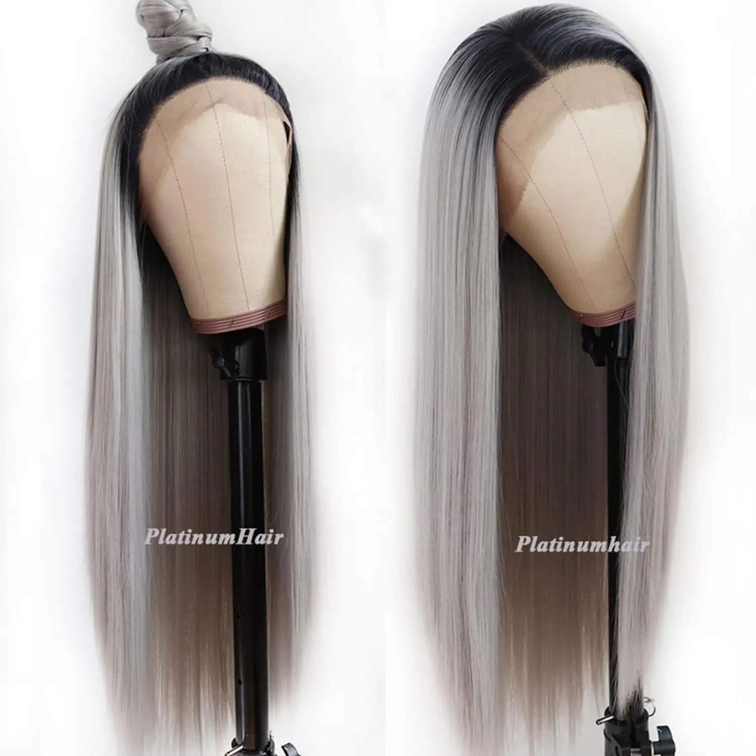 Lezaxiu Gray Lace Front Wig Long Straight Hair Wigs Ombre Grey Wig Heat Resistant Fiber Hair Synthetic Lace Front Wigs for Fashion Women 24 Inch