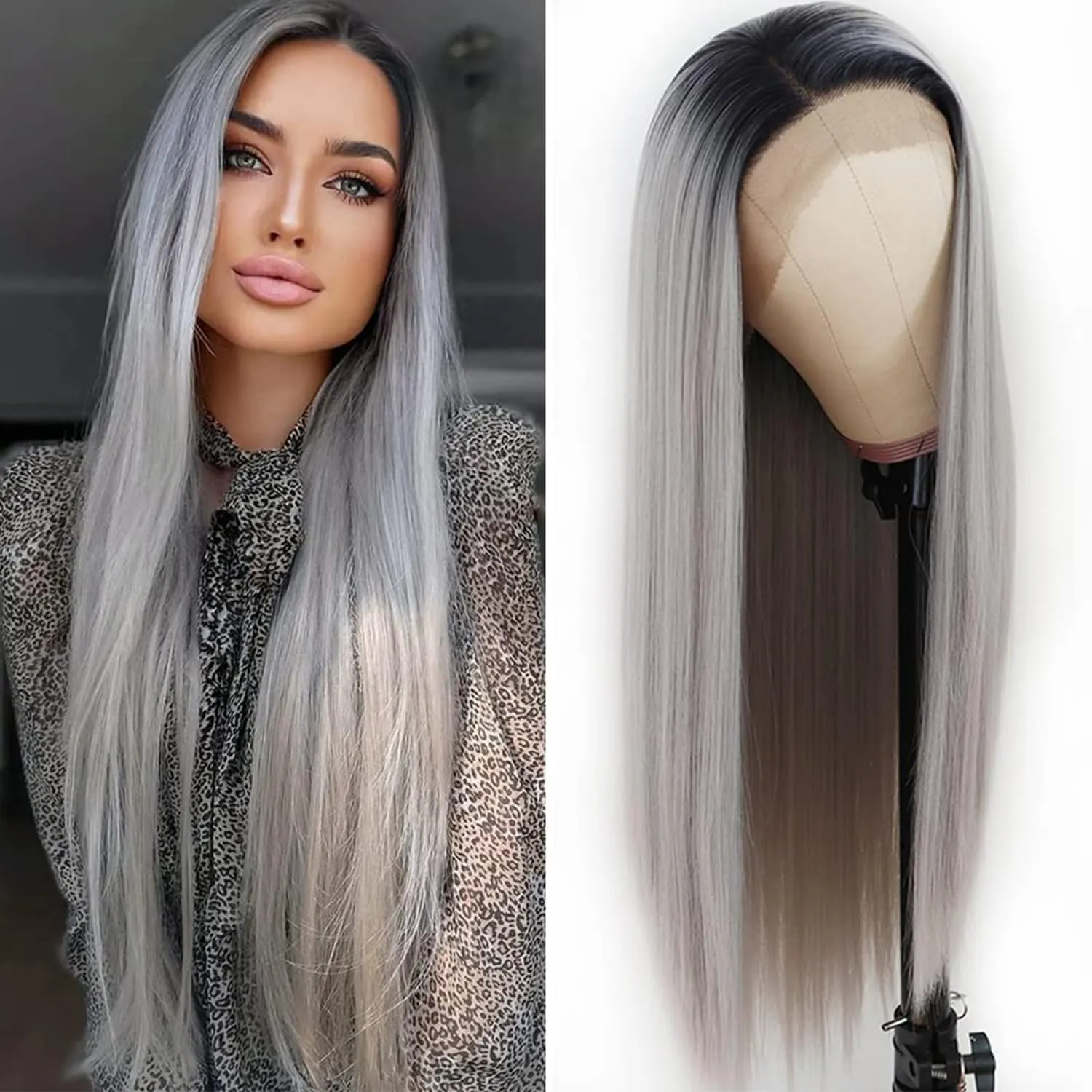 Lezaxiu Gray Lace Front Wig Long Straight Hair Wigs Ombre Grey Wig Heat Resistant Fiber Hair Synthetic Lace Front Wigs for Fashion Women 24 Inch