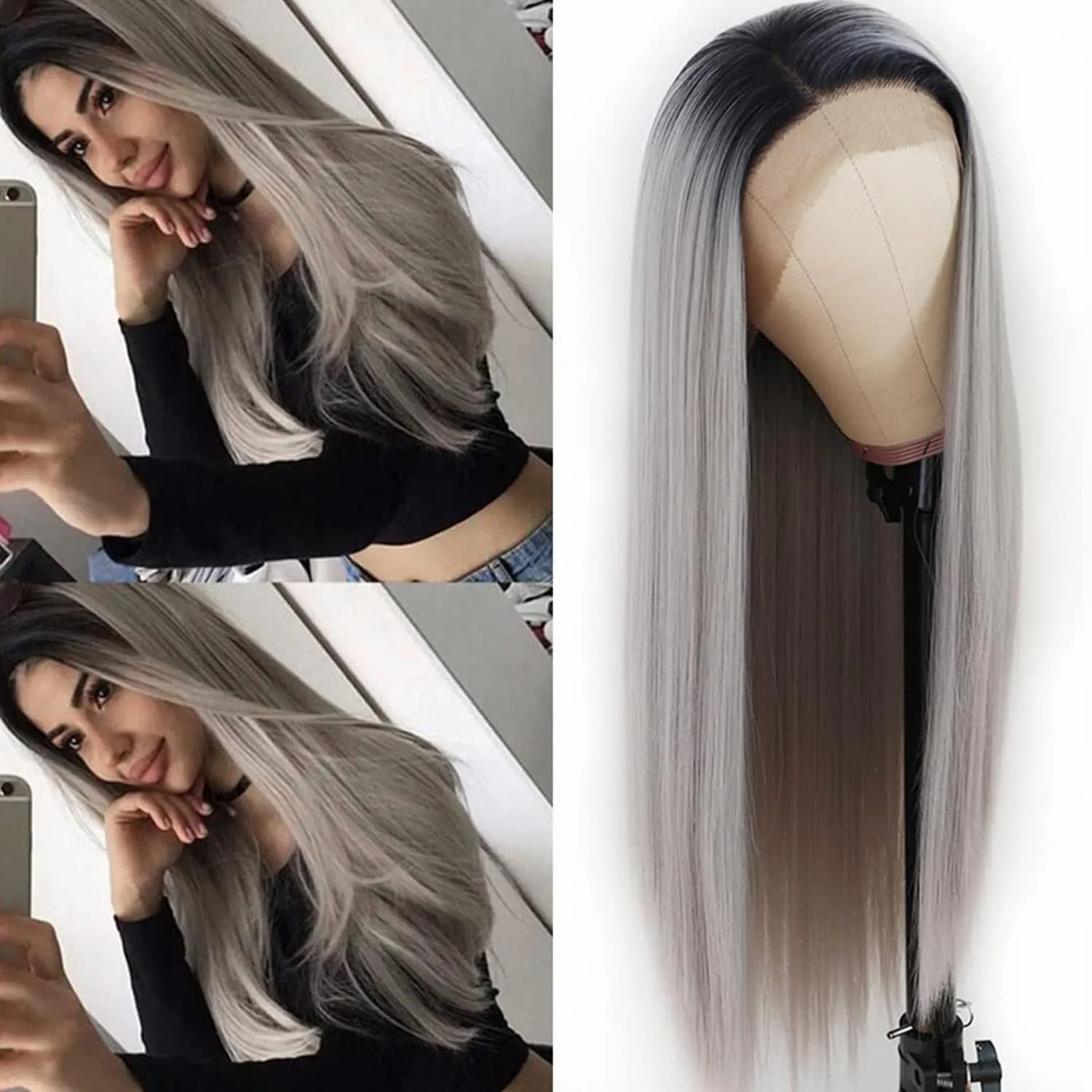 Lezaxiu Gray Lace Front Wig Long Straight Hair Wigs Ombre Grey Wig Heat Resistant Fiber Hair Synthetic Lace Front Wigs for Fashion Women 24 Inch