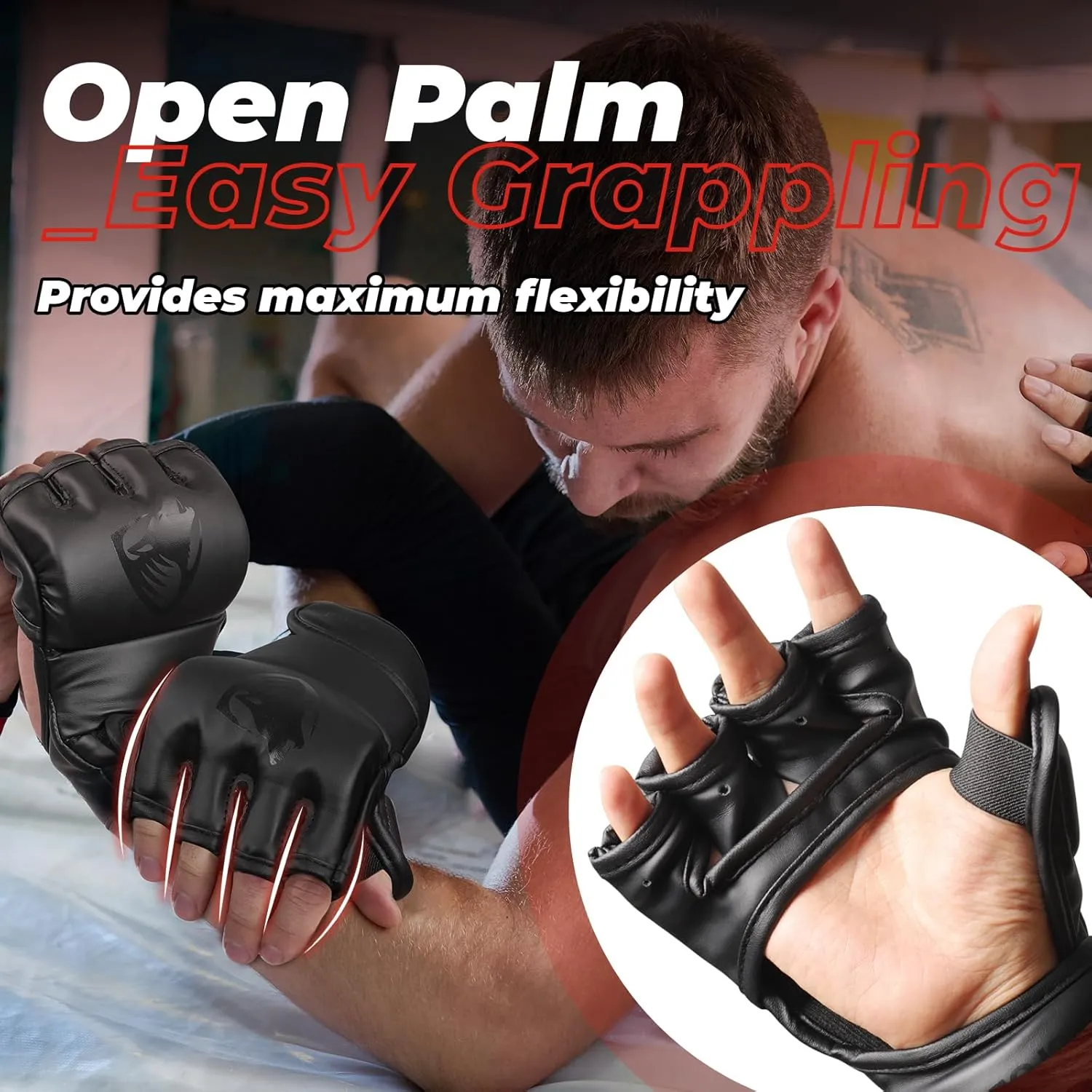 LIBERLUPUS MMA Gloves for Men– Open Palm Training Gloves for Grappling, Kickboxing, Muay Thai, Light Sparring, Youth Self-Defense, Heavy Bag Workouts – Durable Synthetic Leather with Wrist Support