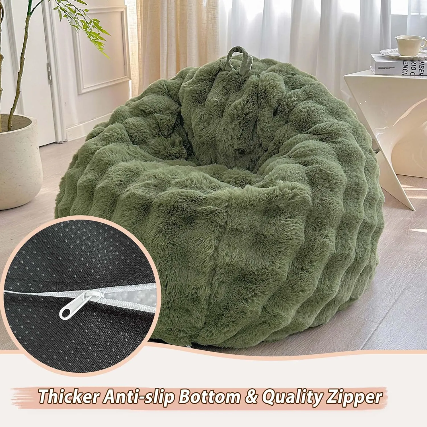 LIFEREVO Kids Fluffy Faux Rabbit Fur Bean Bag Chair Cover (No Filler), Soft Fuzzy Stuffed Animal Storage Bubble Moss Bean Bag for Plush Toys, Cute Shaggy Furry Beanbag Cover Kids Girls, Sage Green