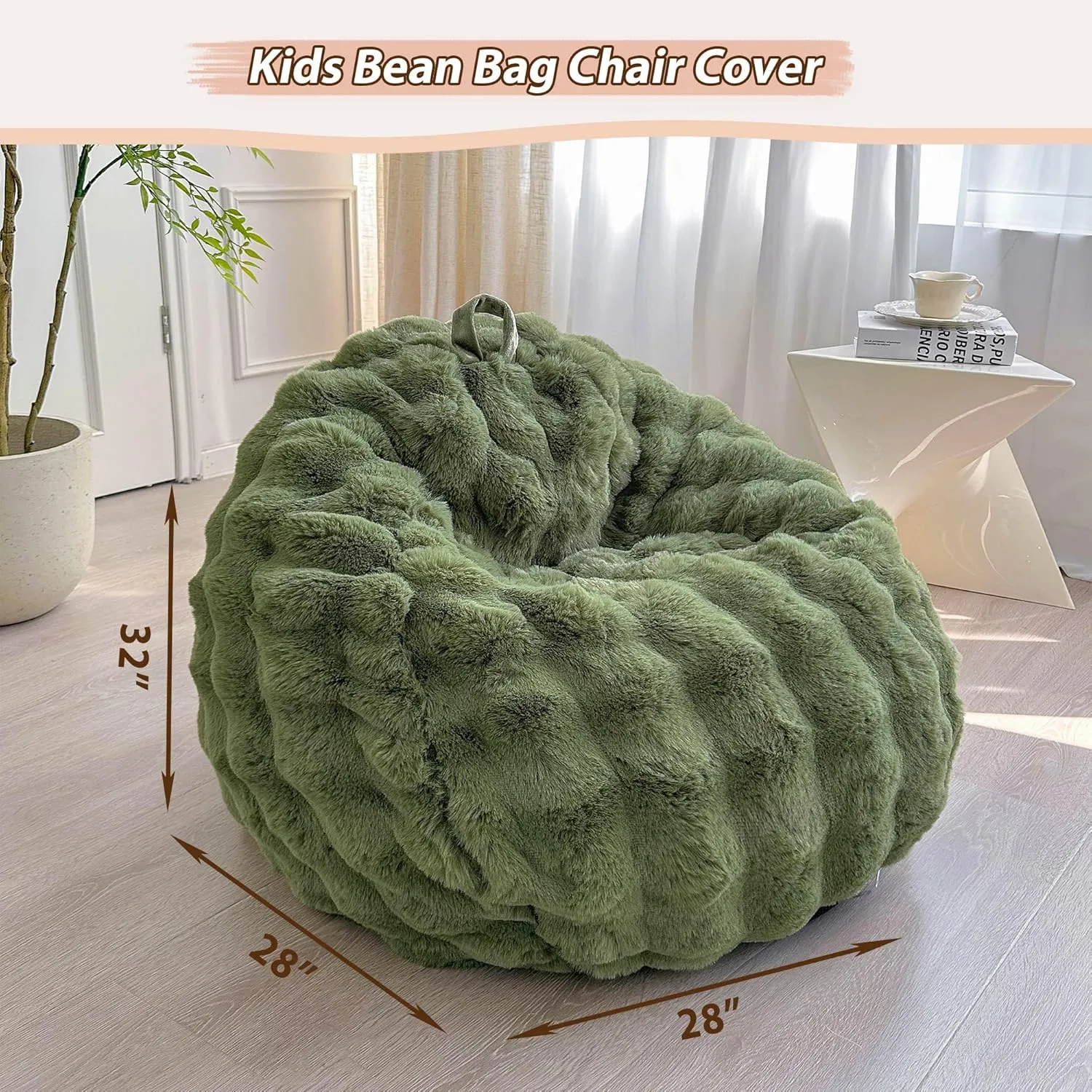 LIFEREVO Kids Fluffy Faux Rabbit Fur Bean Bag Chair Cover (No Filler), Soft Fuzzy Stuffed Animal Storage Bubble Moss Bean Bag for Plush Toys, Cute Shaggy Furry Beanbag Cover Kids Girls, Sage Green