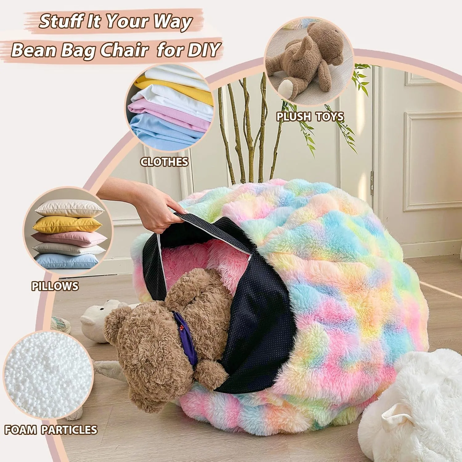 LIFEREVO Kids Fluffy Faux Rabbit Fur Bean Bag Cover (No Filler), Soft Cozy Fuzzy Stuffed Animal Storage Bubble Bean Bag for Plush Toys, Cute Shaggy Furry Beanbag Cover Kids Girls Adults, Burnt Orange