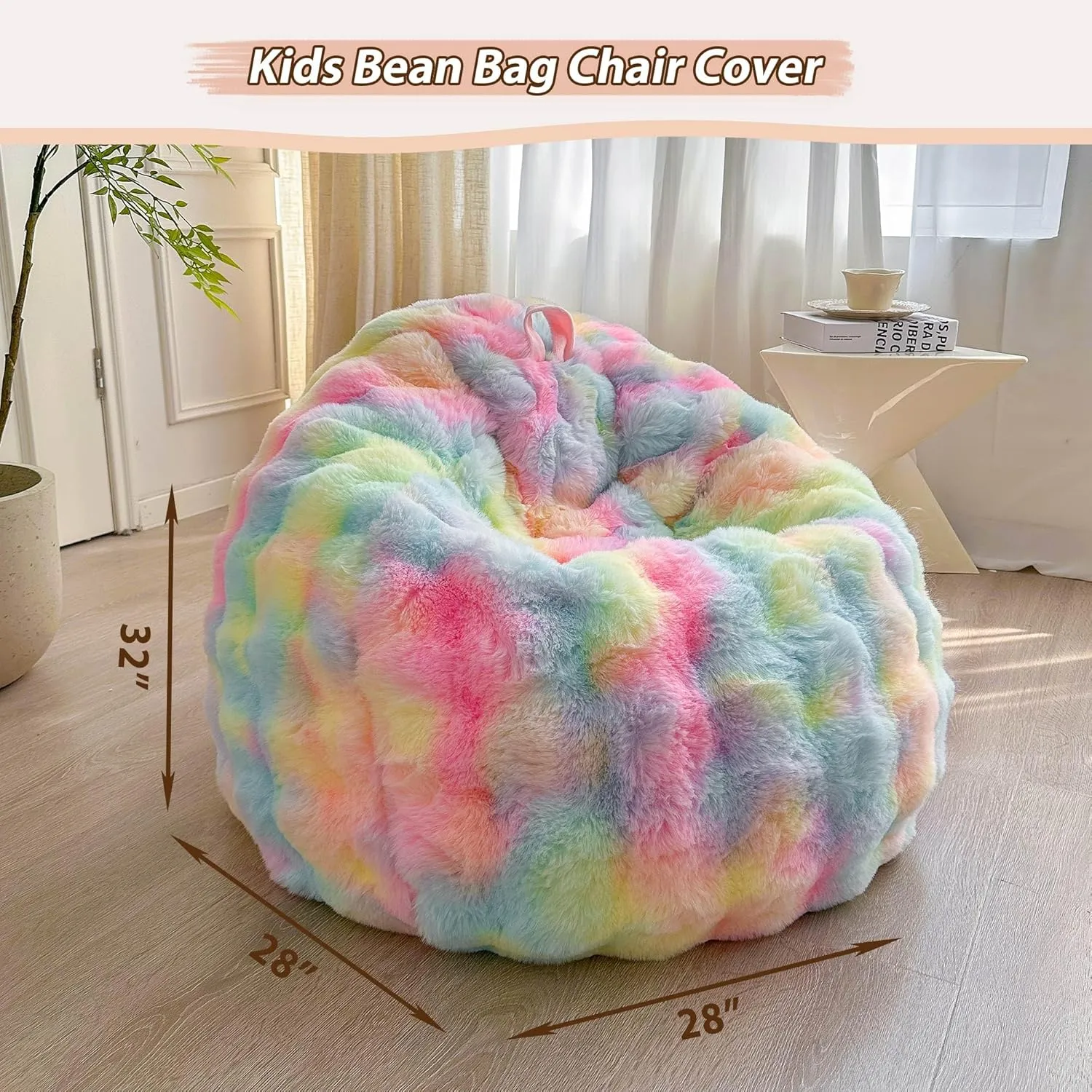 LIFEREVO Kids Fluffy Faux Rabbit Fur Bean Bag Cover (No Filler), Soft Fuzzy Stuffed Animal Storage Bubble Waffle Bean Bag for Plush Toys, Comfy Shaggy Furry Beanbag Cover Kids Girls Adults, Rainbow