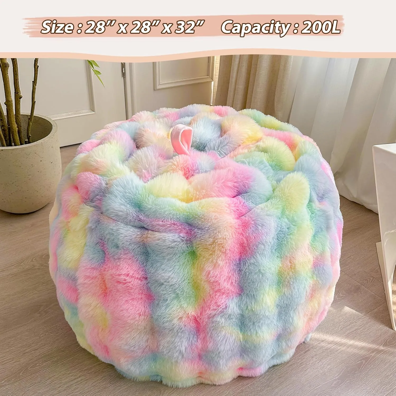 LIFEREVO Kids Fluffy Faux Rabbit Fur Bean Bag Cover (No Filler), Soft Fuzzy Stuffed Animal Storage Bubble Waffle Bean Bag for Plush Toys, Comfy Shaggy Furry Beanbag Cover Kids Girls Adults, Rainbow