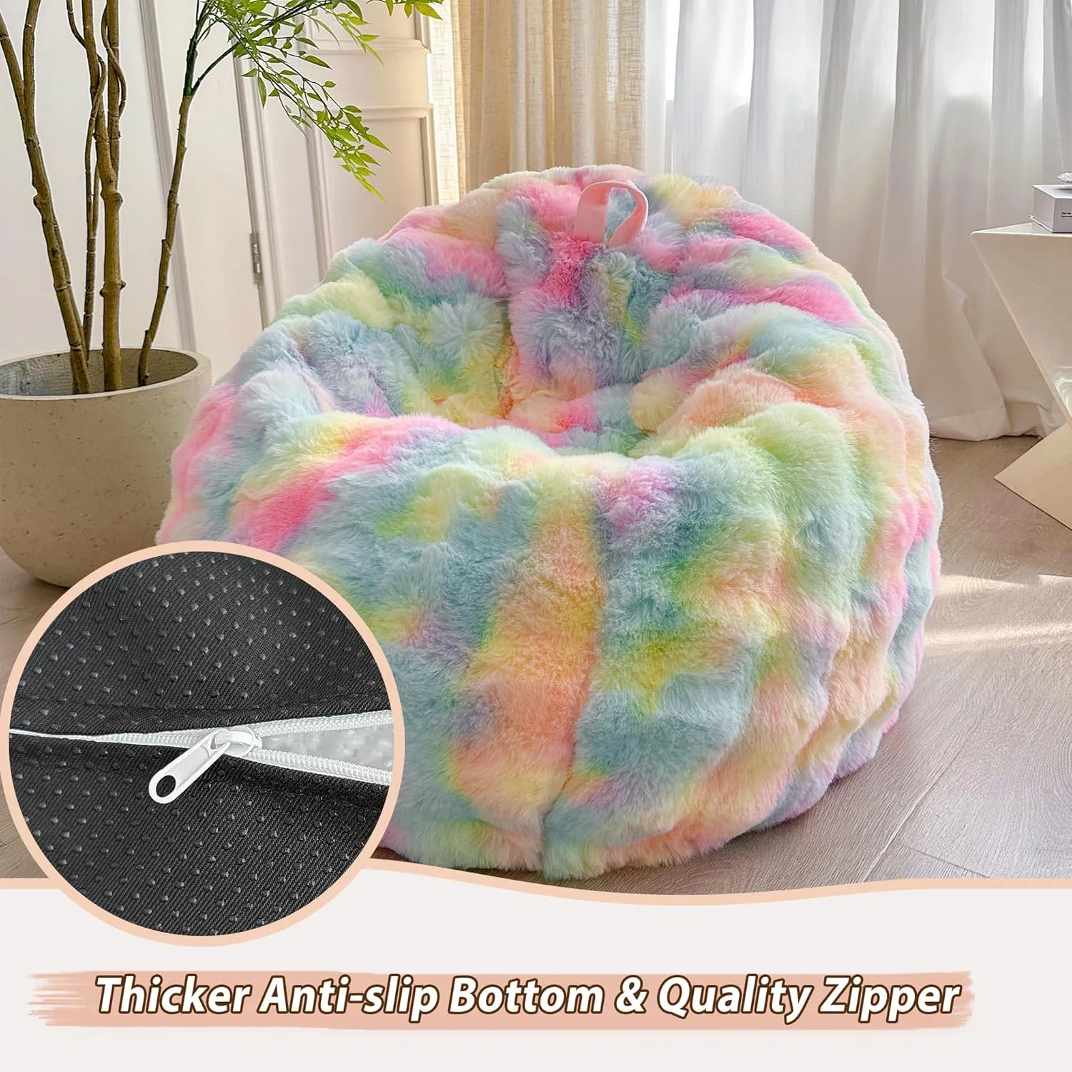 LIFEREVO Kids Fluffy Faux Rabbit Fur Bean Bag Cover (No Filler), Soft Fuzzy Stuffed Animal Storage Bubble Waffle Bean Bag for Plush Toys, Comfy Shaggy Furry Beanbag Cover Kids Girls Adults, Rainbow
