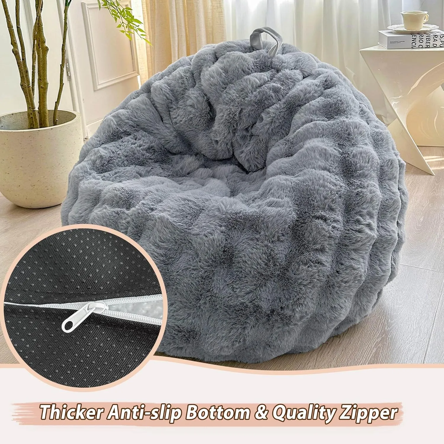 LIFEREVO Kids Fluffy Faux Rabbit Fur Bean Bag Cover (No Filler), Soft Stuffed Fuzzy Animal Storage Bubble Bean Bag for Plush Toys, Gray Cute Shaggy Furry Beanbag Cover Kids Girls Adults, Light Grey