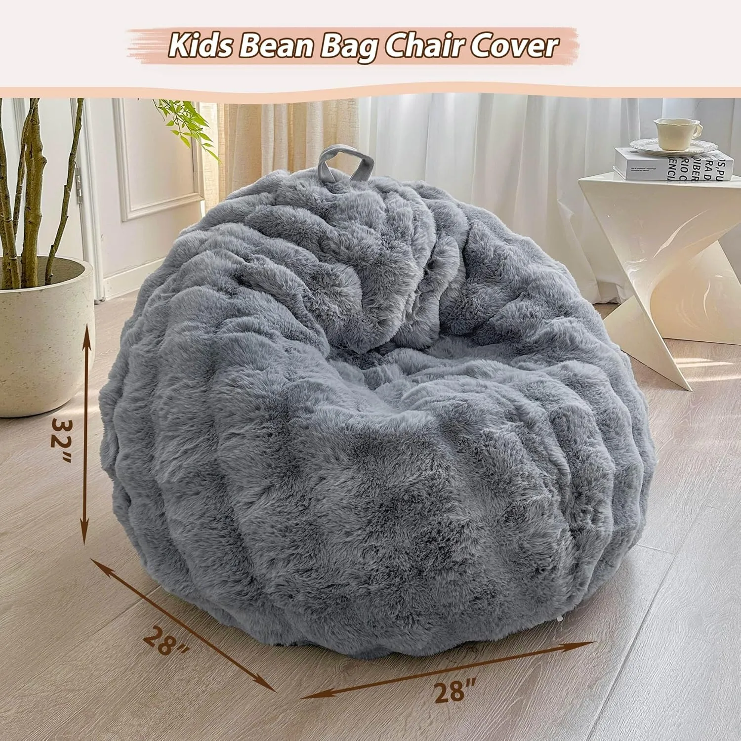 LIFEREVO Kids Fluffy Faux Rabbit Fur Bean Bag Cover (No Filler), Soft Stuffed Fuzzy Animal Storage Bubble Bean Bag for Plush Toys, Gray Cute Shaggy Furry Beanbag Cover Kids Girls Adults, Light Grey