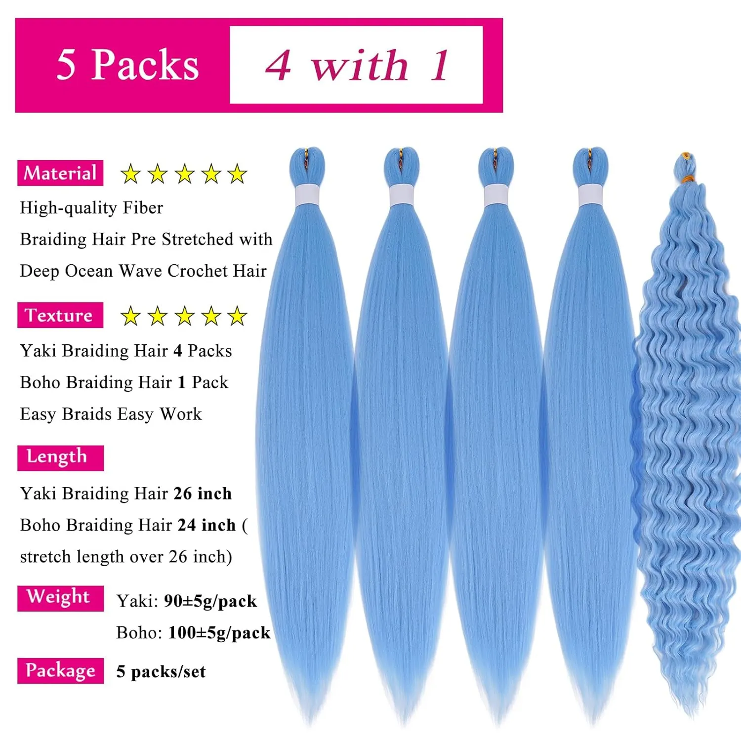 Light Blue Braiding Hair Pre Stretched with Boho Braids Blue Curly Deep Ocean Wave Crochet Hair Natural Color Synthetic Knotless Boho Braiding Hair for Bohemian Braids 5 Packs