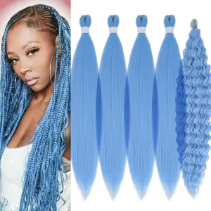 Light Blue Braiding Hair Pre Stretched with Boho Braids Blue Curly Deep Ocean Wave Crochet Hair Natural Color Synthetic Knotless Boho Braiding Hair for Bohemian Braids 5 Packs