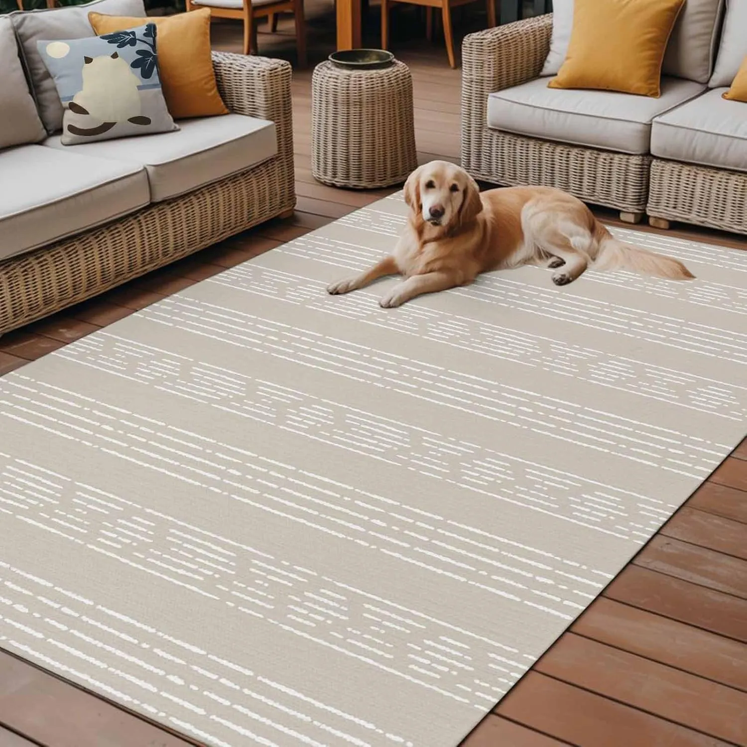 Light Brown Boho Outdoor Rug 4x6ft Large Patio Rug,Washable RV Camping Outside Area Runner Rug Mat,Bohemian Geometric Stripes Tribe Indoor Outdoor Carpet for Picnic Backyard Deck Porch Balcony Beach