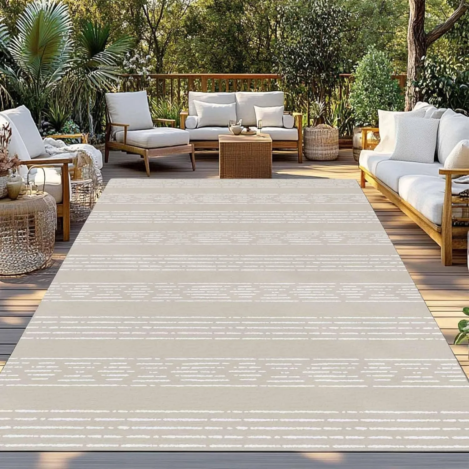 Light Brown Boho Outdoor Rug 4x6ft Large Patio Rug,Washable RV Camping Outside Area Runner Rug Mat,Bohemian Geometric Stripes Tribe Indoor Outdoor Carpet for Picnic Backyard Deck Porch Balcony Beach