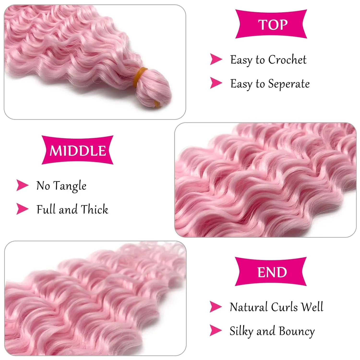 Light Pink Braiding Hair Pre Stretched with Micro Bohemian Ocean Wave Wavy Braiding Hair Pink Knotless Deep Wave Crochet Curly Hair Extensions for Boho Braids (5 Packs)