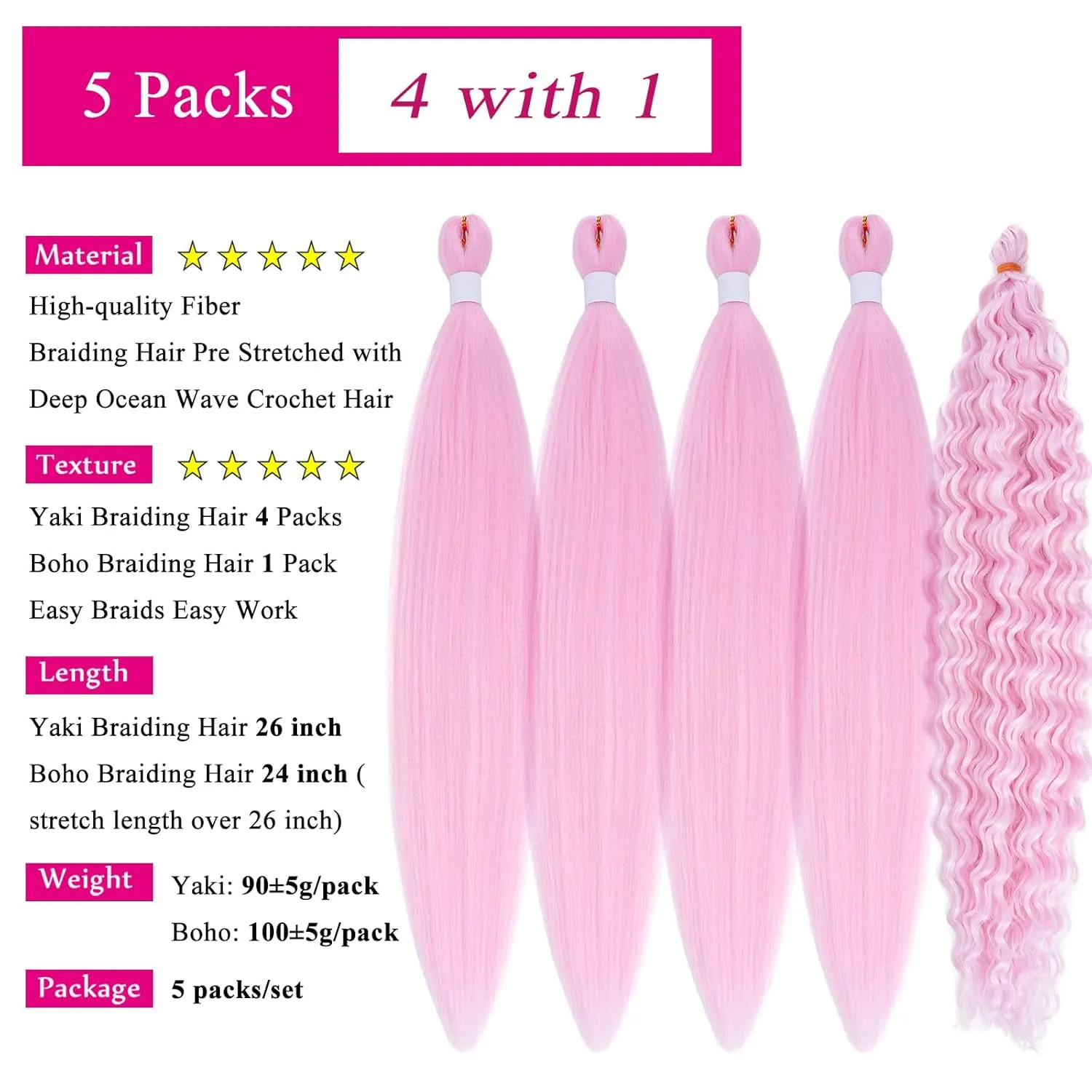 Light Pink Braiding Hair Pre Stretched with Micro Bohemian Ocean Wave Wavy Braiding Hair Pink Knotless Deep Wave Crochet Curly Hair Extensions for Boho Braids (5 Packs)